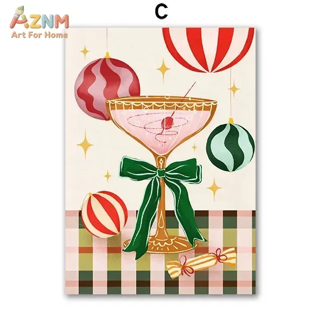 AZNM Retro Christmas Cocktail Canvas Wall Art Striped Xmas Bauble Green Bow Plaid Background Cute Print Unframed Canvas Bar Holi