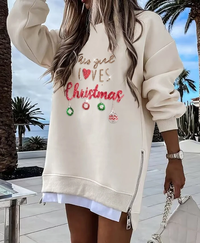 Ladies' Dress Santa Claus Sequin Letter Pattern Design Long Sleeve Casual O-Neck Fake Two-Piece Zipper Slit Mini Christmas Dress