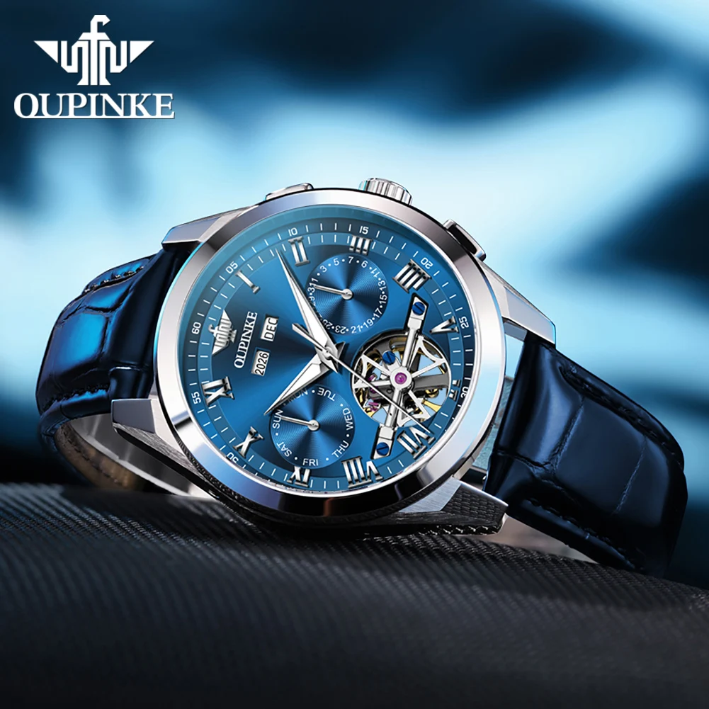 OUPINKE 3281 Men's Automatic Watch Leather Strap Waterproof Original Wristwatch Multi functional Mechanical Watch