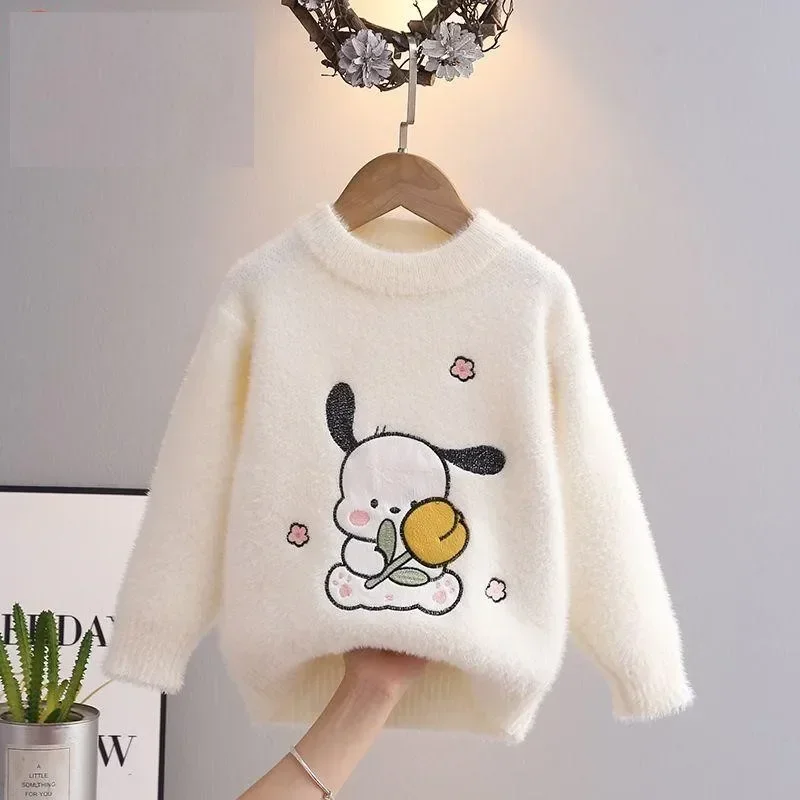 New Sanrio Round Neck Sweater Kawaii Pochacco Kuromi Children Autumn Girls Sweater Winter Warm Student Long Sleeve Sweater Gift