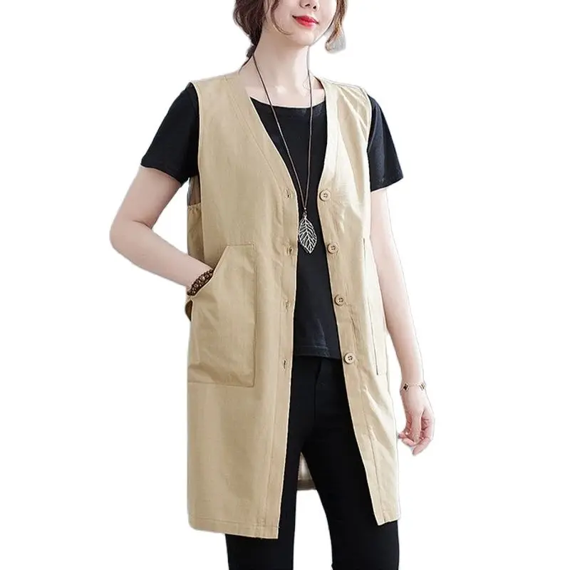 

2022 New Summer Kroean Style Sleeveless V-neck Women Vest Cotton Linen Open Stitch Solid Color Female Casual Loose Vest Jacket