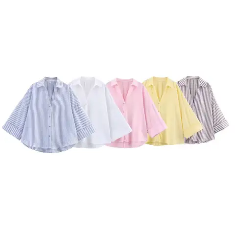 Summer Women's Curled Wide Sleeves Linen Blended Striped Asymmetric Casual Shirt Versatile Collar Linen Blended Printed Shirt