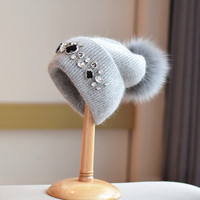 Women Thick Warm Cap For Women Autumn Winter Alloy diamond Fur Knitted Beanies Hat With Detachable Real Fox Fur Pom Poms