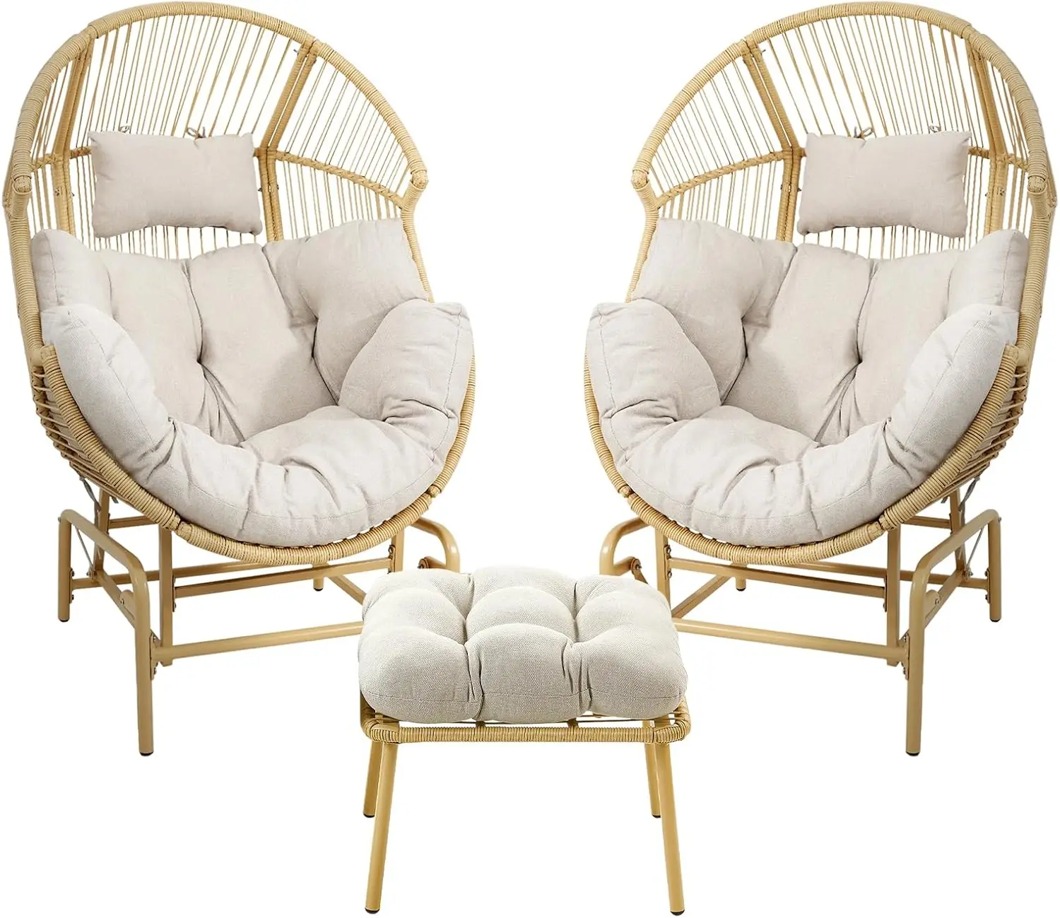 Patio Outdoor Egg Chair Set - 3-Piece Wicker Rocking Glider Set with 2 Egg Chairs and 1 Ottoman for Porch & Backyard