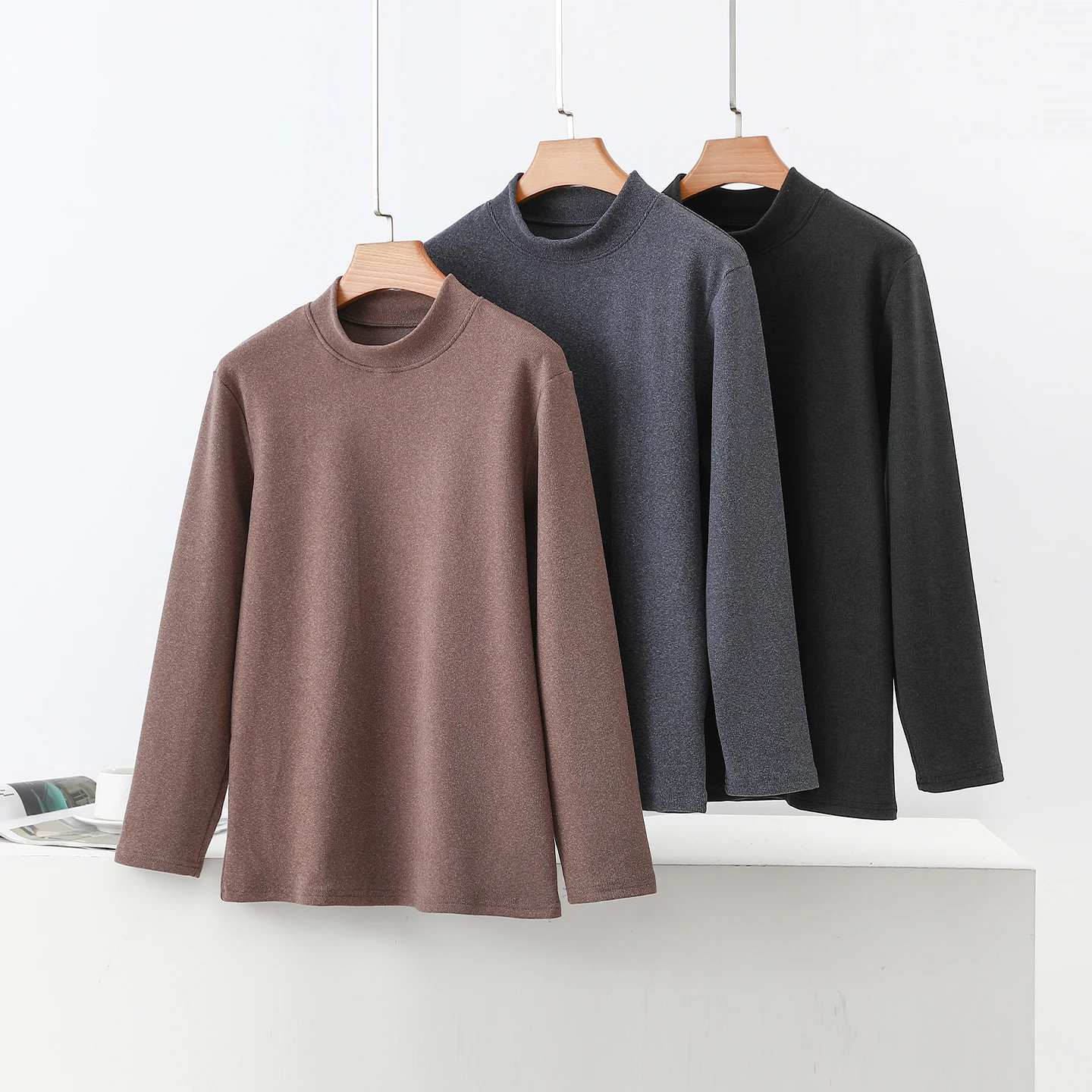Thickened Fleece Warm Long Sleeve Base Shirt for Men Winter Casual Style Pure Color T-Shirt Extra Large Size Outerwear Top