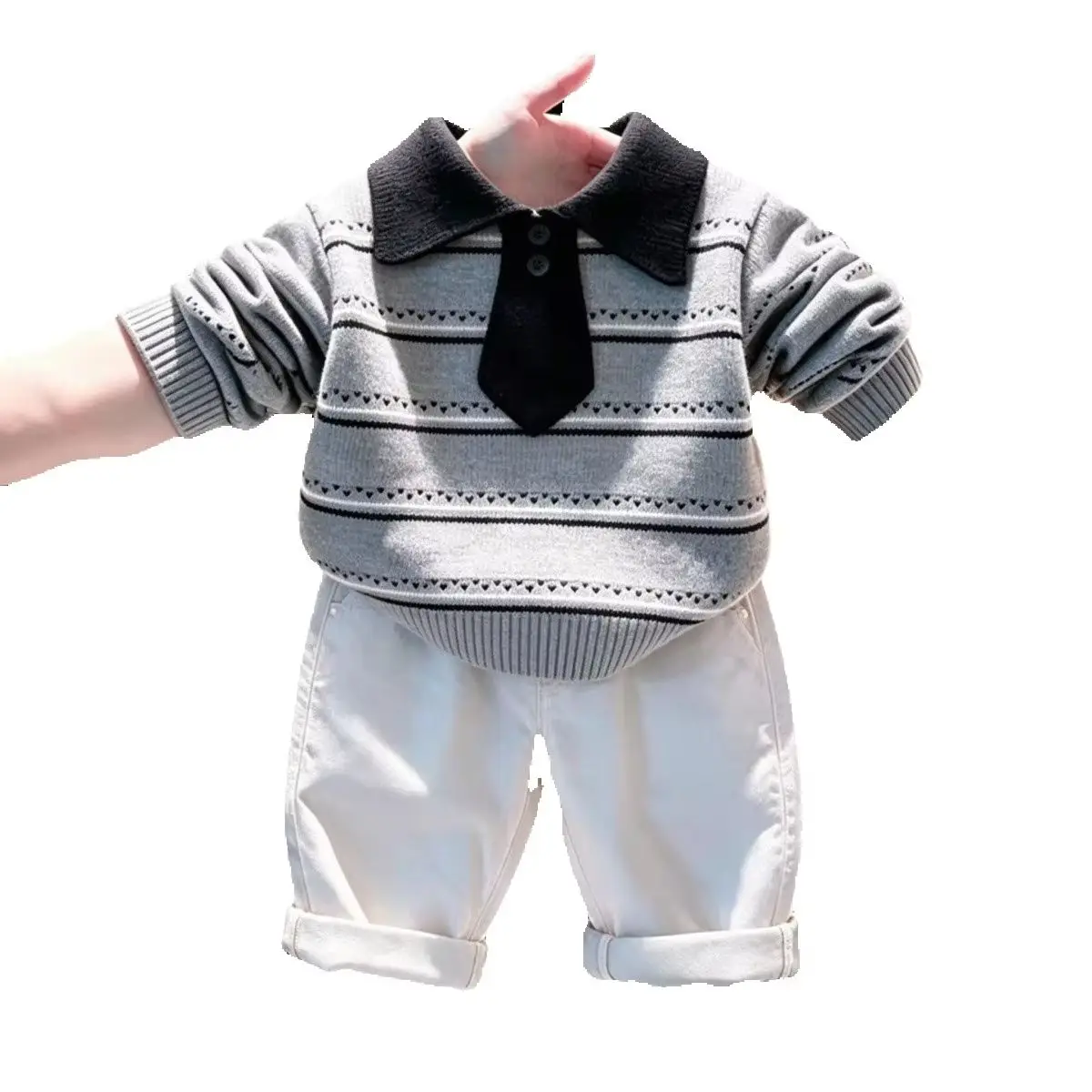 Boys Knit Polo Sweater Pants Set 2026 New Spring Autumn Children  College Style Long Sleeve Top Trousers 2 Piece Suit