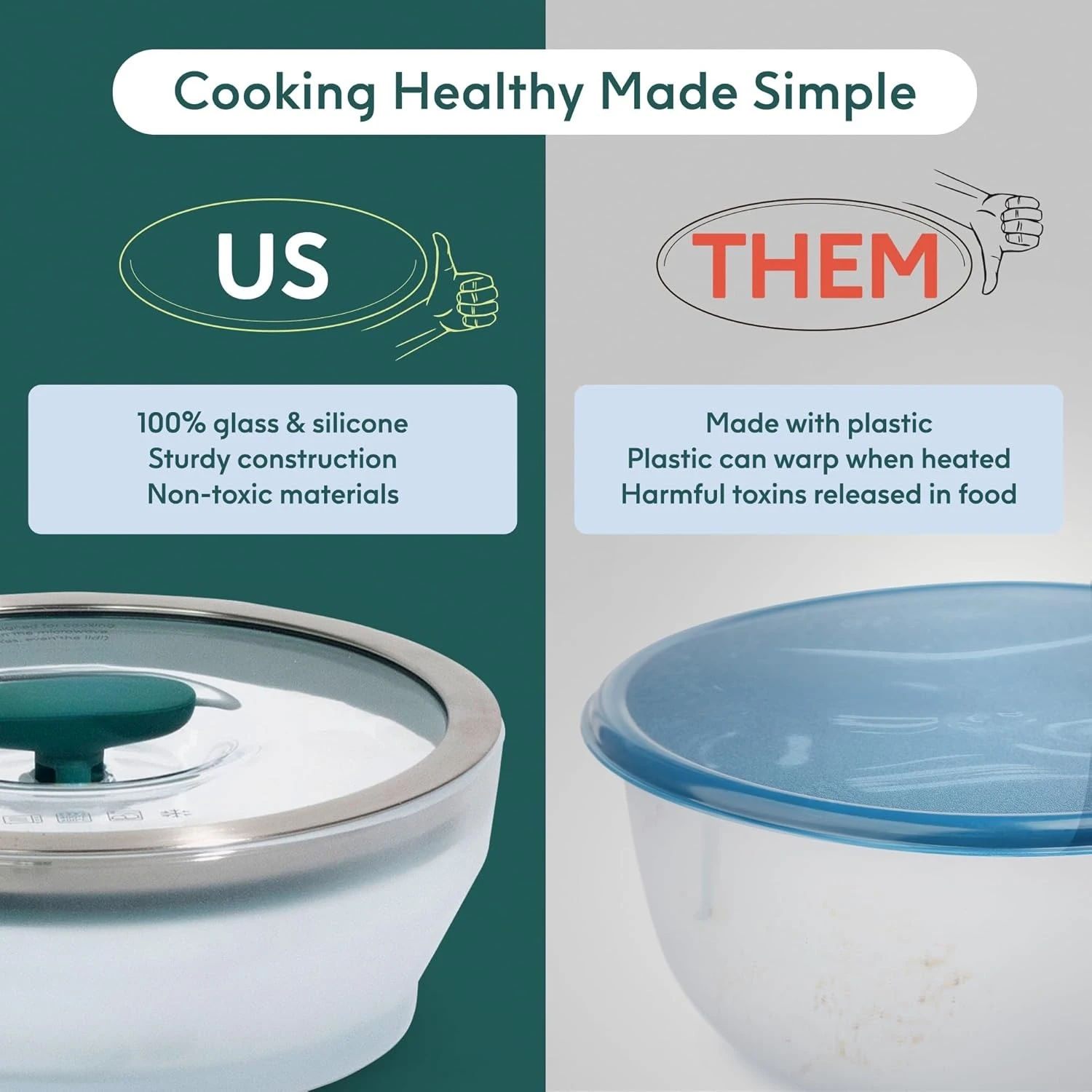 Cookware Plastic-Free Microwave Dish, 2-Piece Large Shallow Glass Storage Container with Lid for Steaming, Roasting, Serving &