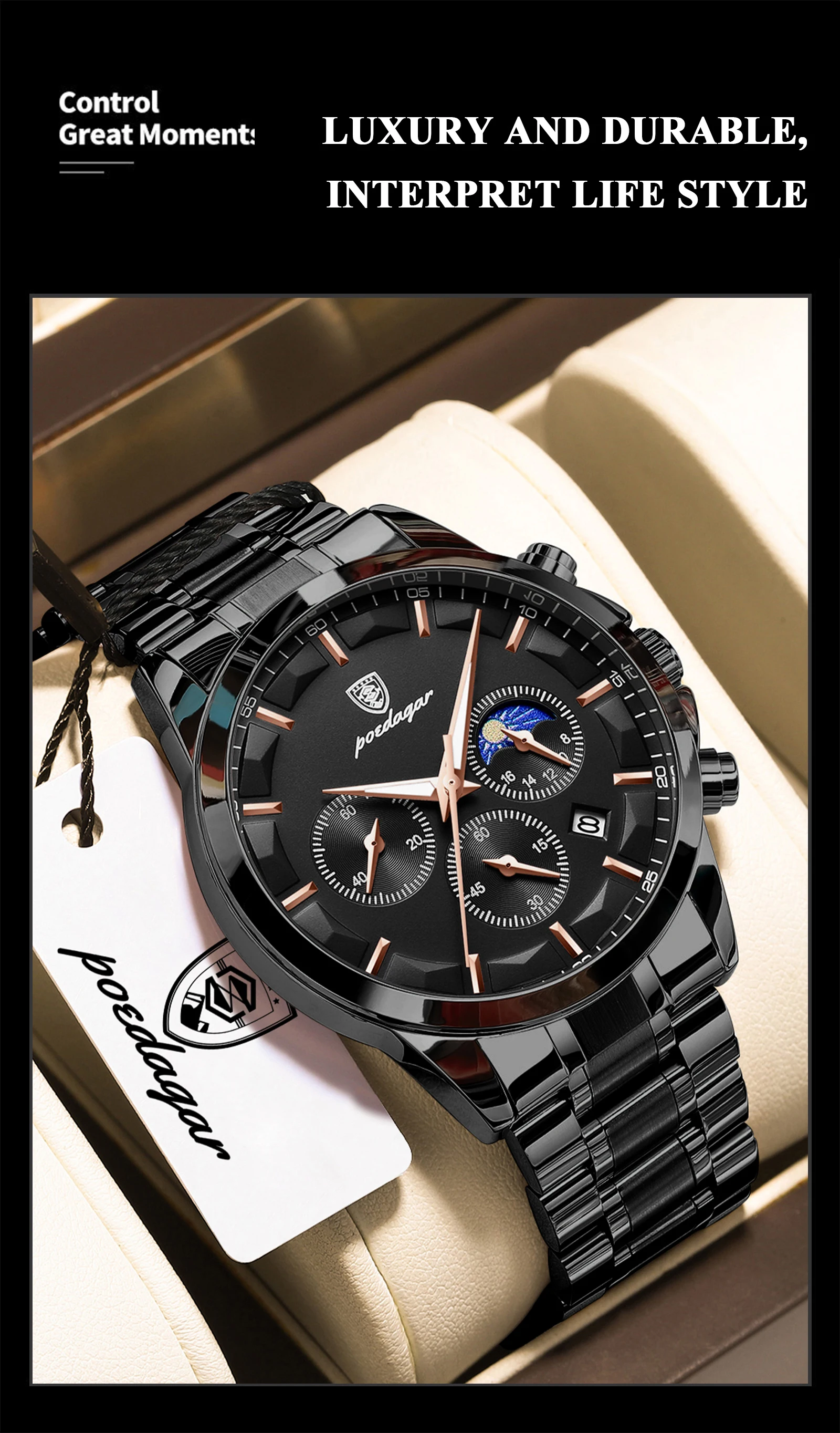 POEDAGAR Top Business Herrenuhren Wasserdicht Leuchtend Edelstahl Mode Herren Armbanduhr Chronograph Datum Herren Quarzuhr – Detail 4
