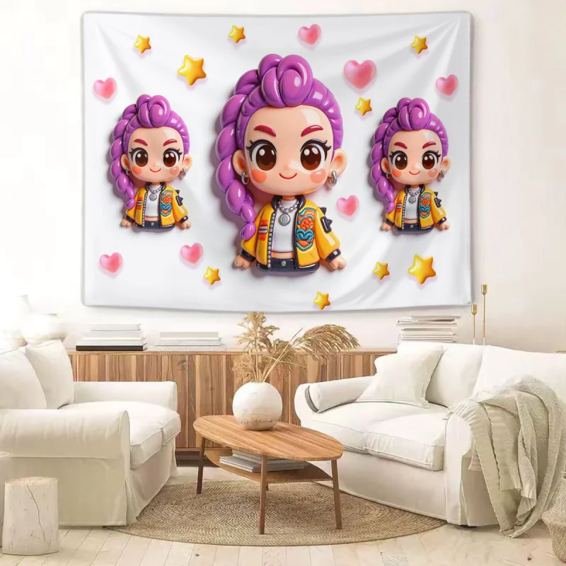 Hasbro Kpop Tapestry Kawaii Q Version Girl Print Wall Hanging Polyester Fabric Aesthetic Room Decor for Bedroom Dorm Living Room