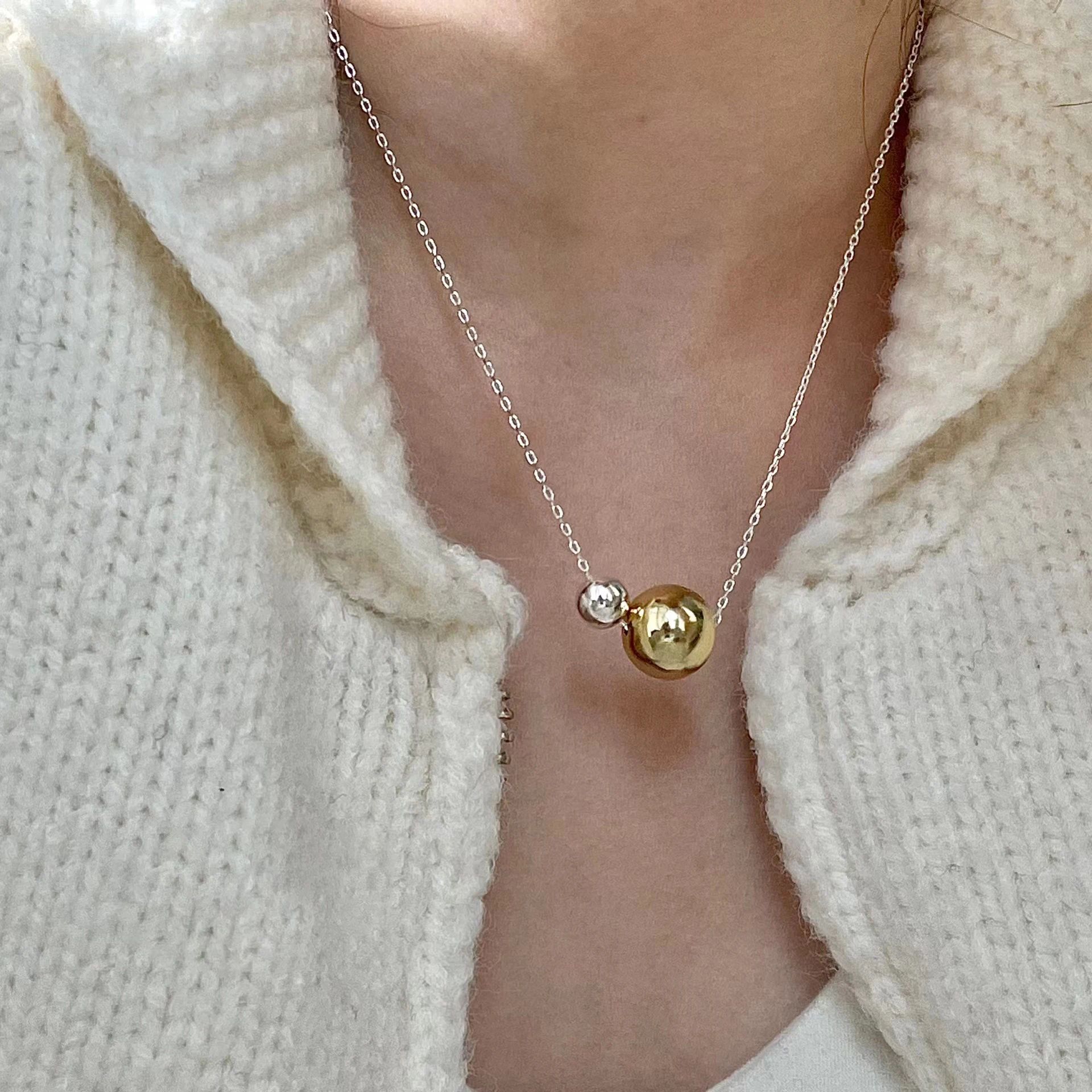 Gold Silver Color Big Small Ball Necklaces Charm Stylish Two Color Stainless Steel Clavicle Simple Necklace Jewelry Gift