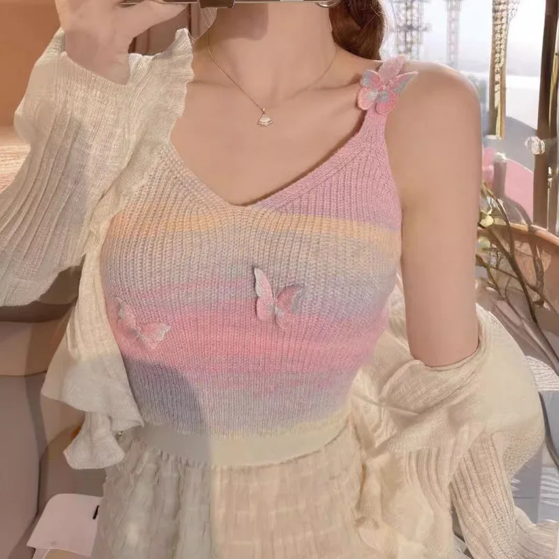 Fashion pure wind rainbow striped knitwear halter vest women's Y2k summer personality butterfly slim-fit Spice Girl short tops