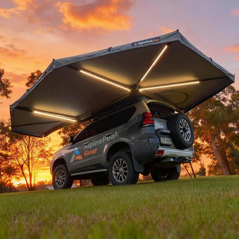 

Car Awning 280G+Coating Canvas 270 Plus Version With LED Lights Rainproof Standings D Shape Hole Car Side Free Standing Awning