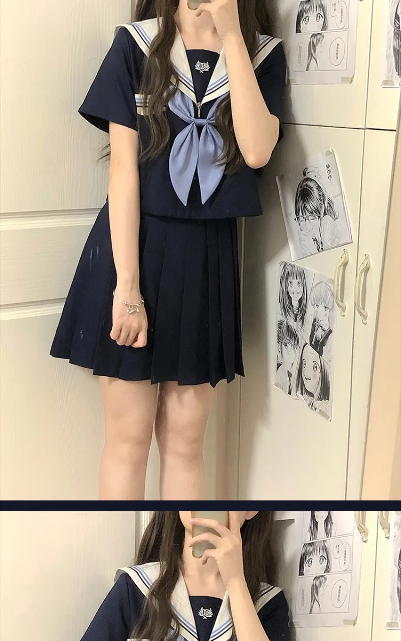 2024 Japanese JK Uniform Skirt Sailor Suit Long Short Sleeved Preppy Style Dark Blue Lolita Summer And Autumn Daily Wear Female