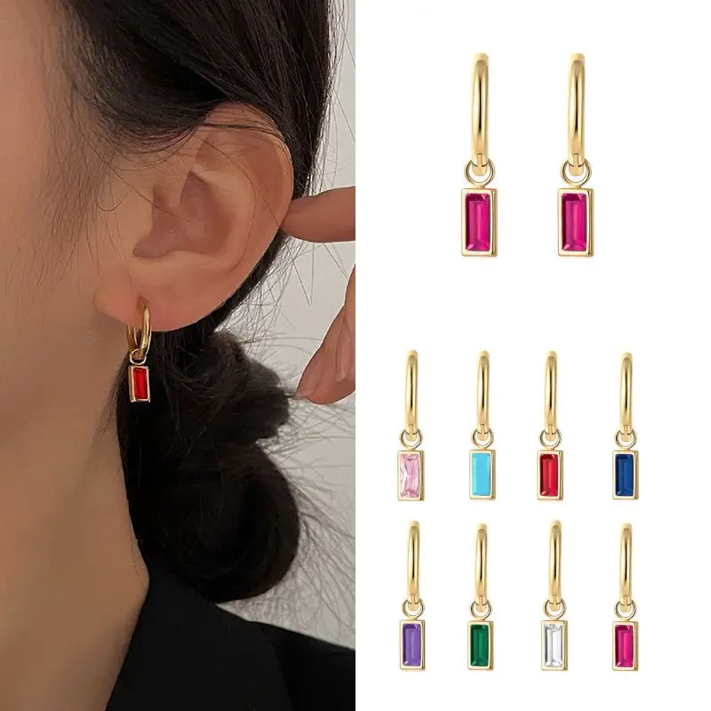 925 Sterling Silver Needle Geometric Square Crystal Pendant Hoop Earrings for Women Pink/Purple/Green Gold Earrings 2024 Jewelry