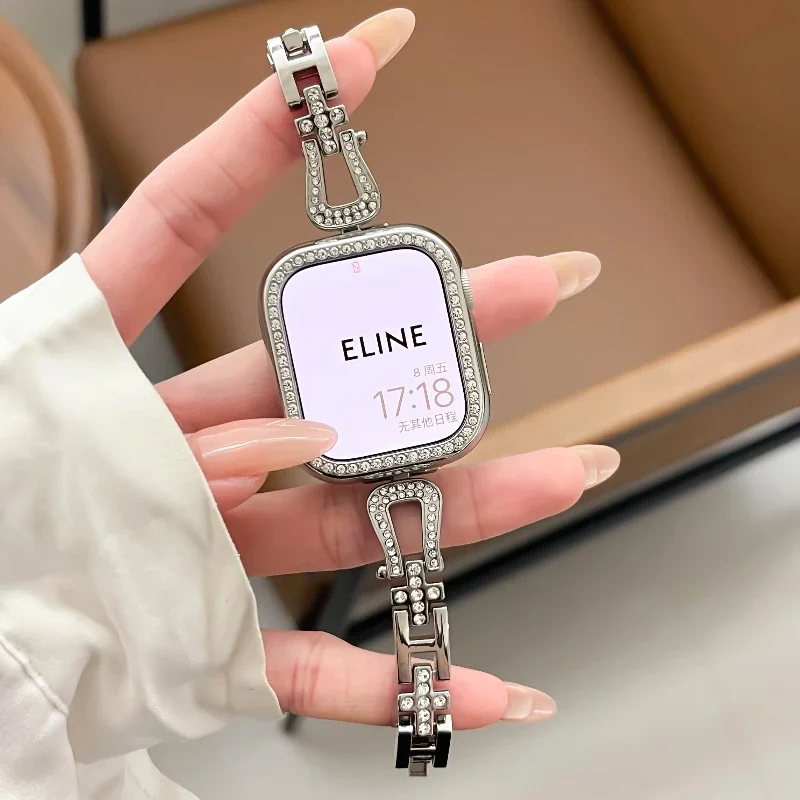 Металлический ремешок для Apple Watch Band 49 мм 46 42 45 41 38 40 44 мм с пряжкой в форме подковы Роскошный женский браслет с бриллиантами iWatch S10 9 8 7 6 5