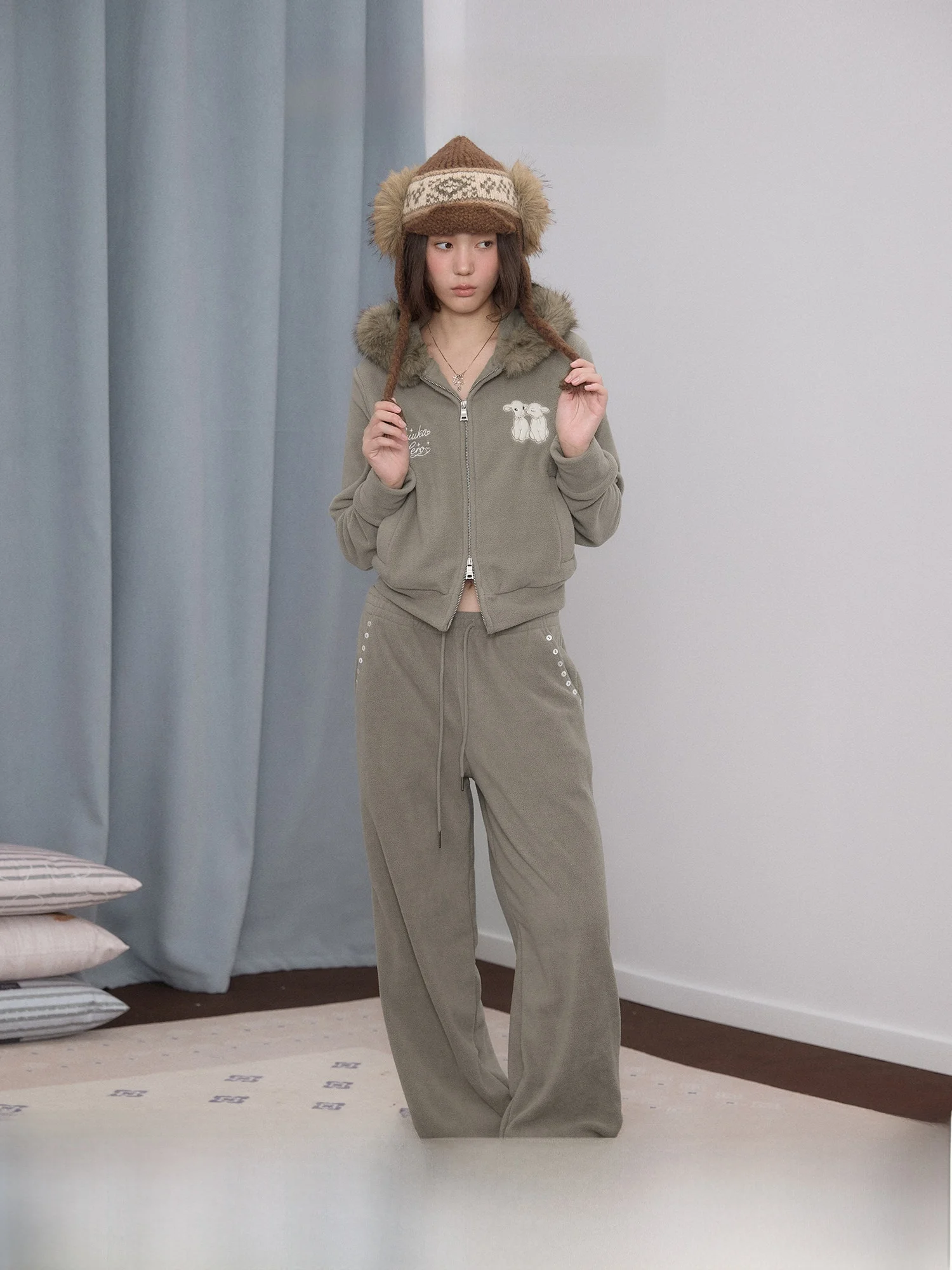 Guukahero Vintage Fleece Thin Fleece Sweatpants Women's Side Ironed Design Loose Drapey Straight Casual Pants Citywalk Date