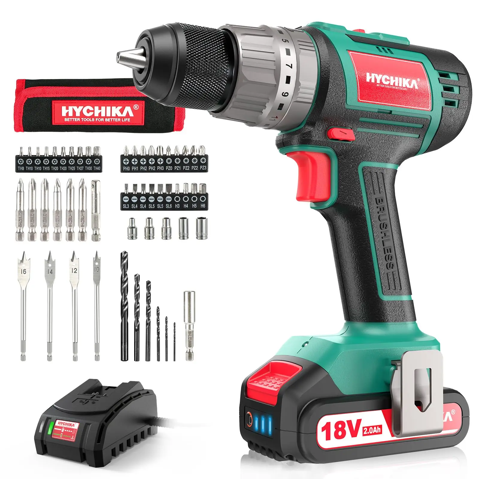 HYCHIKA 18V Professional Brushless Impact Drill with LED Light 60Nm Cordless Drill Driver Home DIY Power Tools