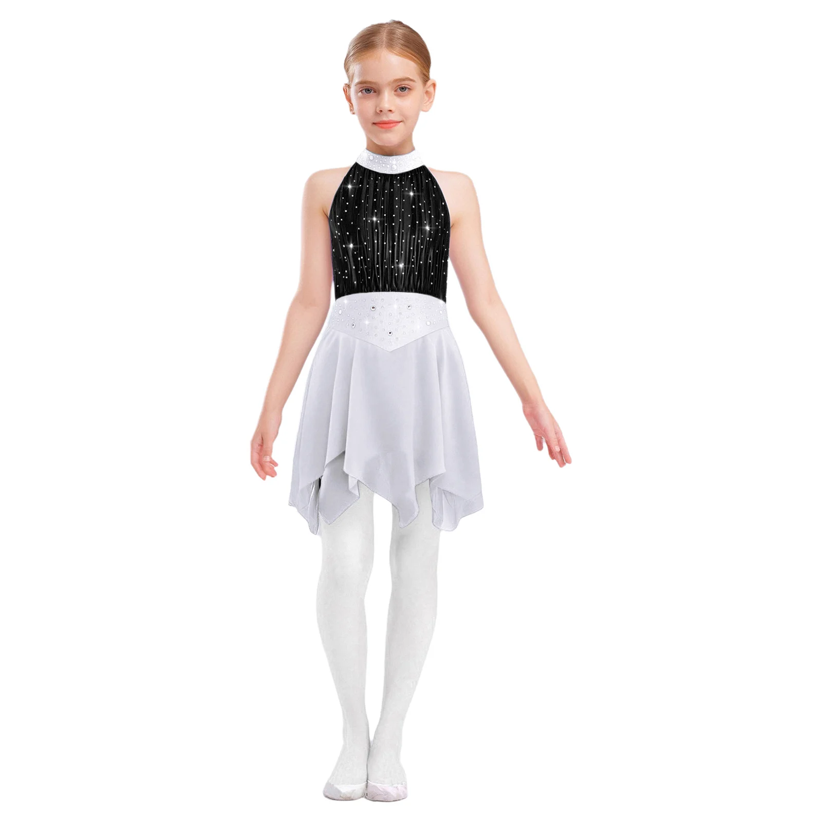 

Kids Girls Ballet Stage Performance Dress Figure Skating Lyrical Sleeveless Shiny Metallic Mesh Dress Ballroom Competition Wear