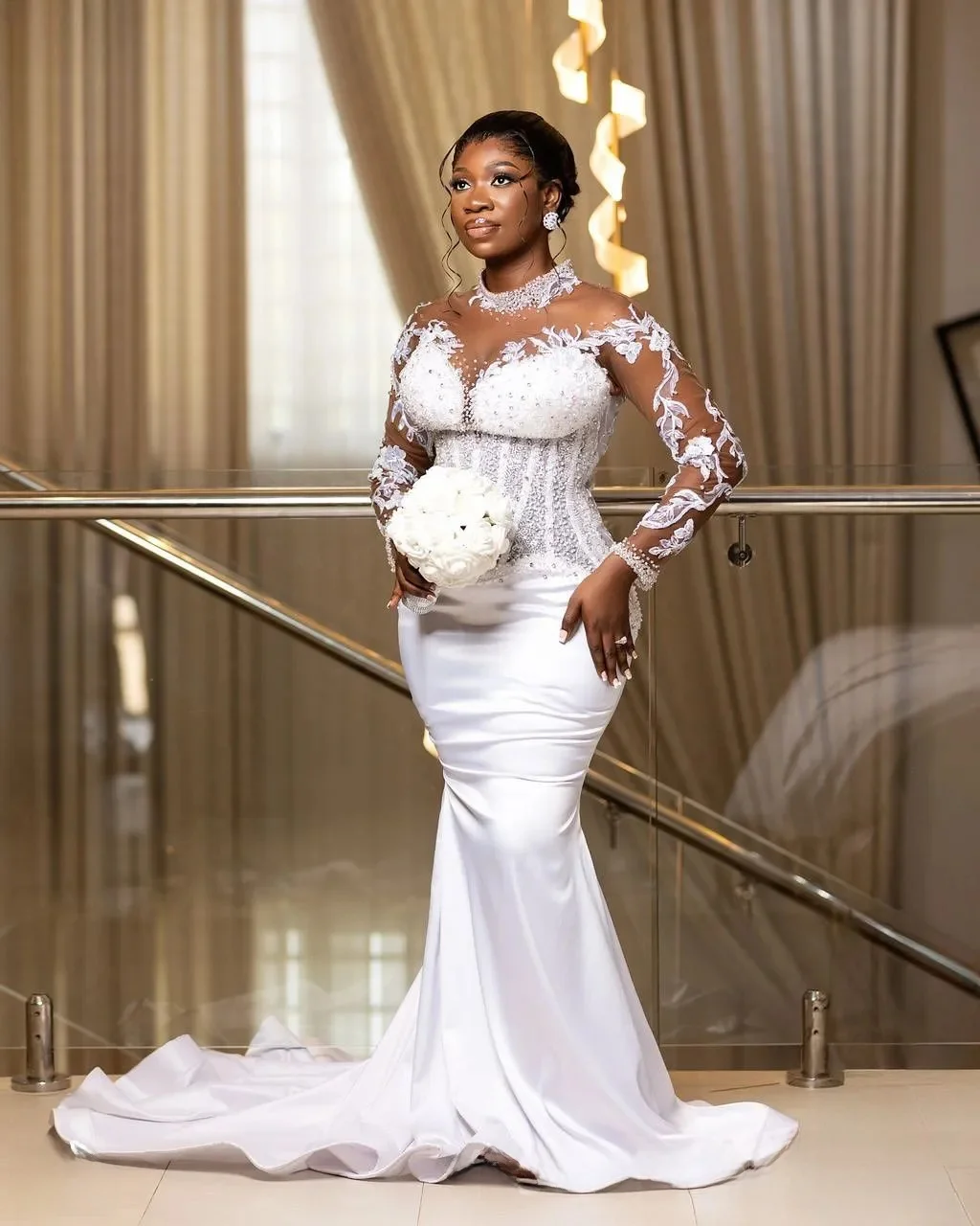 Customized African Wedding Dress Bridal Gowns For Bride High Long Sleeves Appliqued Lace Beaded Pearls Illusion Wedding Gown