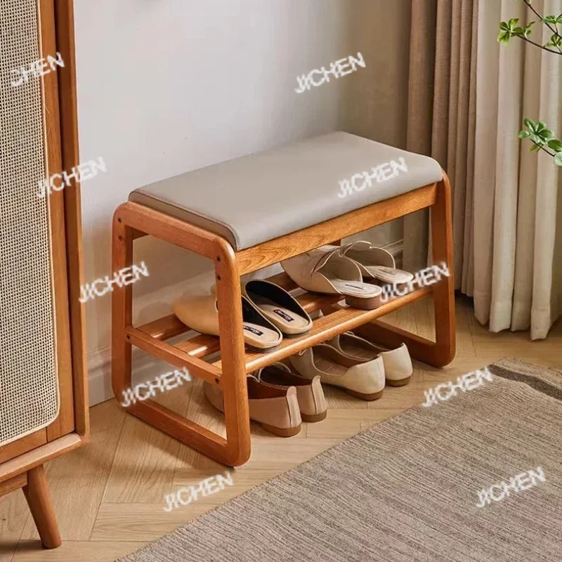 

Тумба для обуви JC из массива дерева с мягким сиденьем, интегрированная в скамейку для гостиной и табурет для переобувания, двухуровневая конструкция для экономии пространства