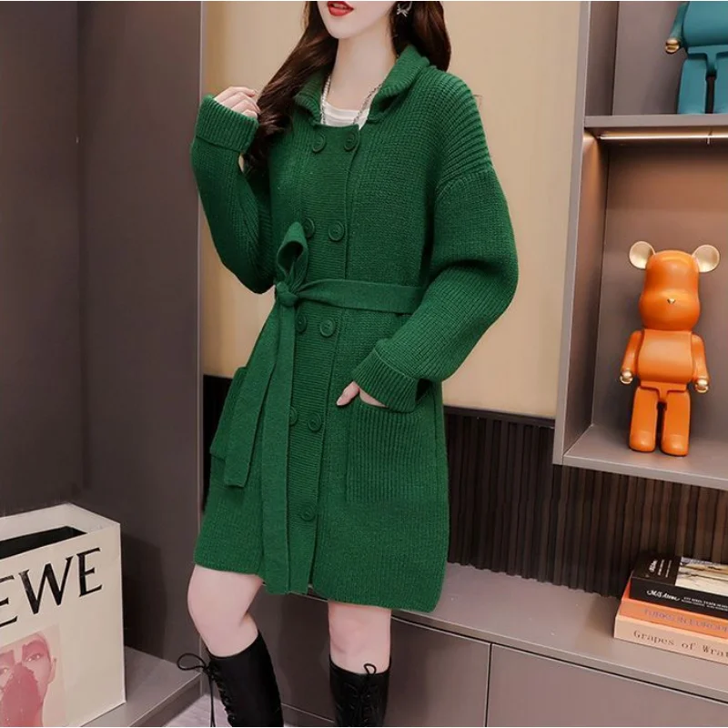 

Lazy Style Polo Neck Sweater for Women Mid Length 2023 New Autumn Winter Knitted Solid Color Loose Casual Unfurled Coat