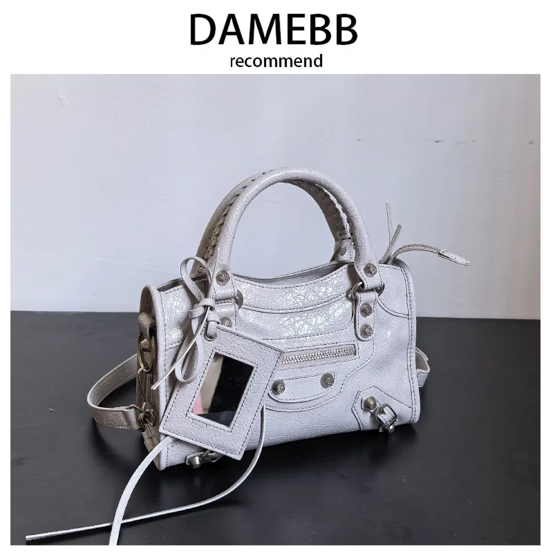 Damebb Luxury Real Leather Rivet Motorcycle Bag Fashionable Shoulder Crossbody Tote Bag Women's Handbag Square Shape Zipper C...