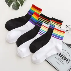 Socks Womens Medium Tube Autumn Ins Trendy Thin Ttriped Rainbow Socks Japanese Cute Candy Color High Top Stocking