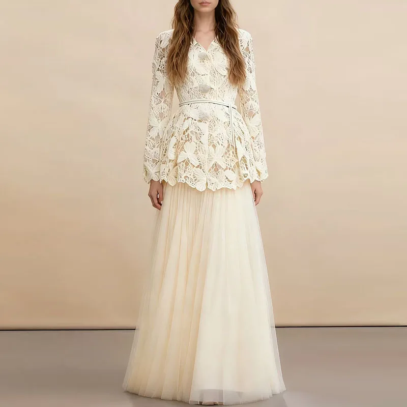 

New Long Sleeve Skirt Suit for Women Elegant V-Neck Slim Hollow Out A-LINE Women Skirt Suit Two Piece Sets Womens Outifits Q1939