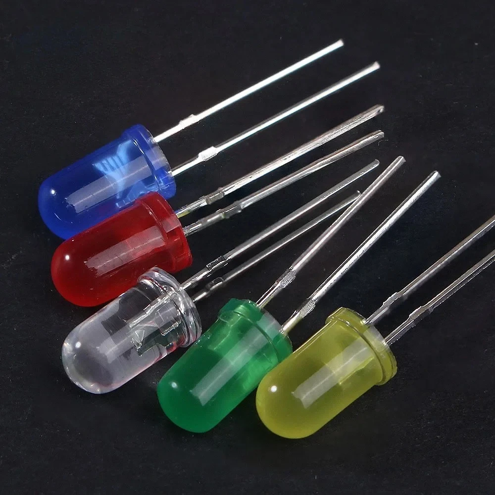 100pcs 5mm LED Diode F5 Ultra Bright Round LED Assortment Kit White Green Yellow Blue Red Light Emitting Diodes for Diy Kits