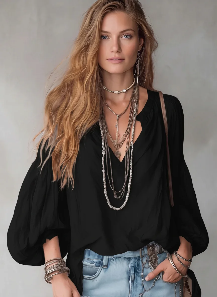 Urlaubs-Boho-Bluse für Damen, V-Ausschnitt, Puffärmel, locker geschnittenes, lässiges Strand-Oberteil mit langen Ärmeln – Detail 4