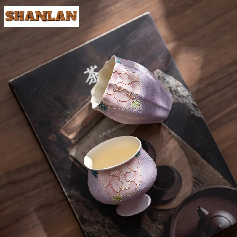 رسمت باليد الفاوانيا فنجان الشاي وعاء شاي أنيق كوب لطيف الشاي تذوق كوب شخصي Chazhan ماستر أكواب مستلزمات الشاي المنزلية