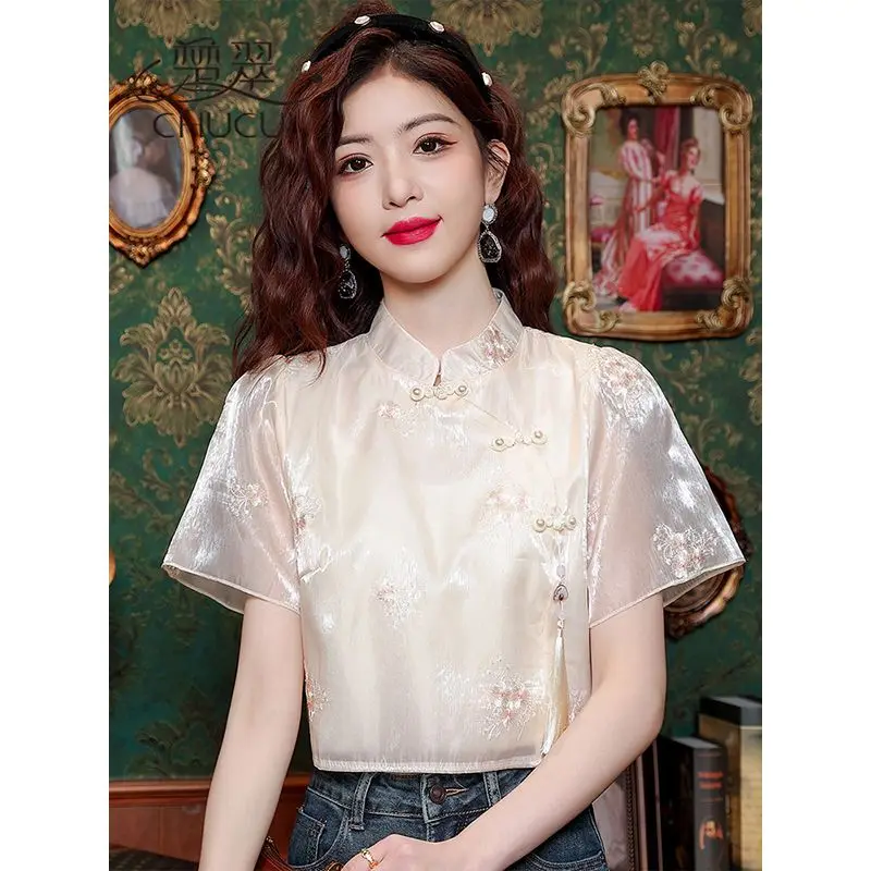 New Chinese Sleeve Chiffon Blouse Women's National Style Embroidered Top Summer Short Version00