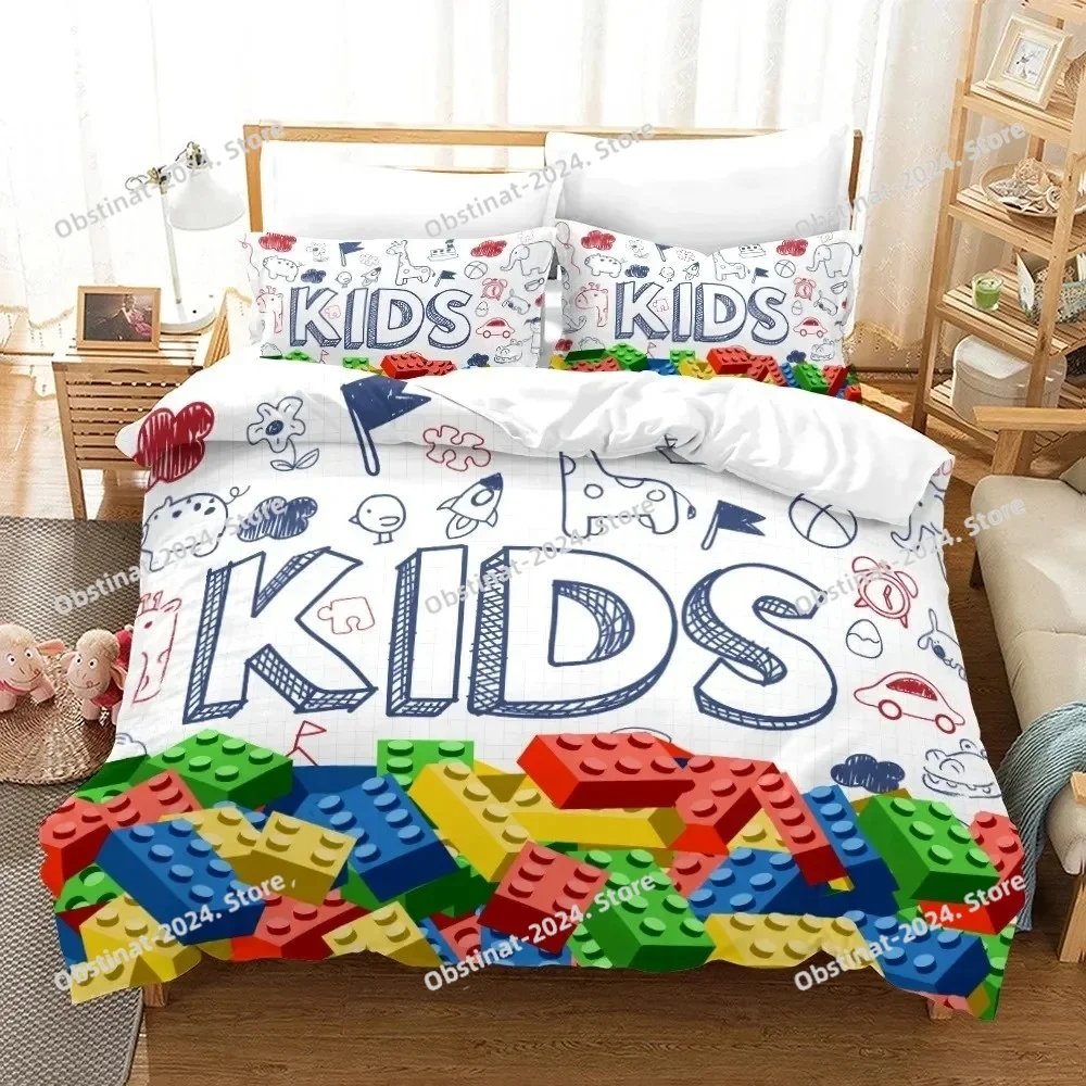

Colorful Blocks Duvet Cover KingQueen Size,Building Toy Bedding Set Kids Boys Girls Orange Blue Fun Brick Polyester Quilt Cover