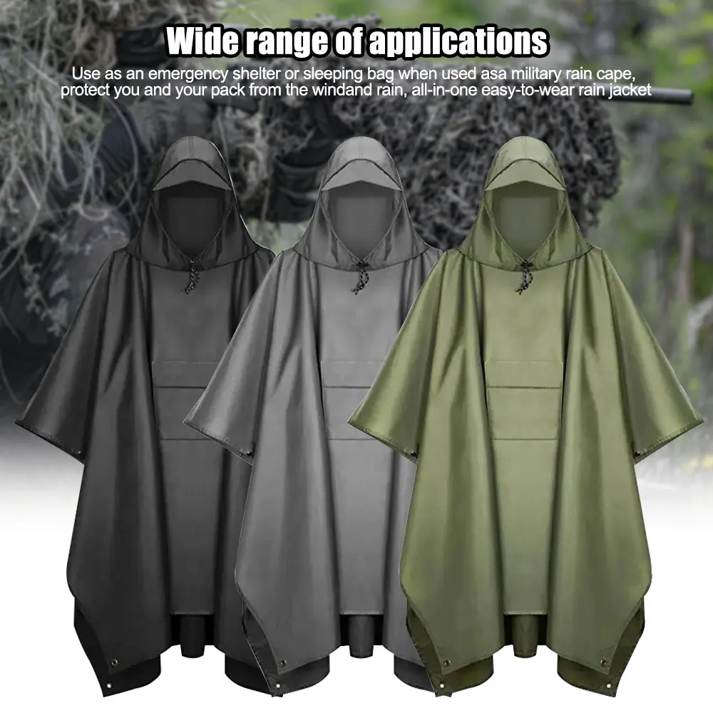 Hooded Raincoat Multi-Use Military Waterproof Ripstop Camouflage Rain coat Men Women Rain Poncho Awning Picnic Mat+Storage Bag