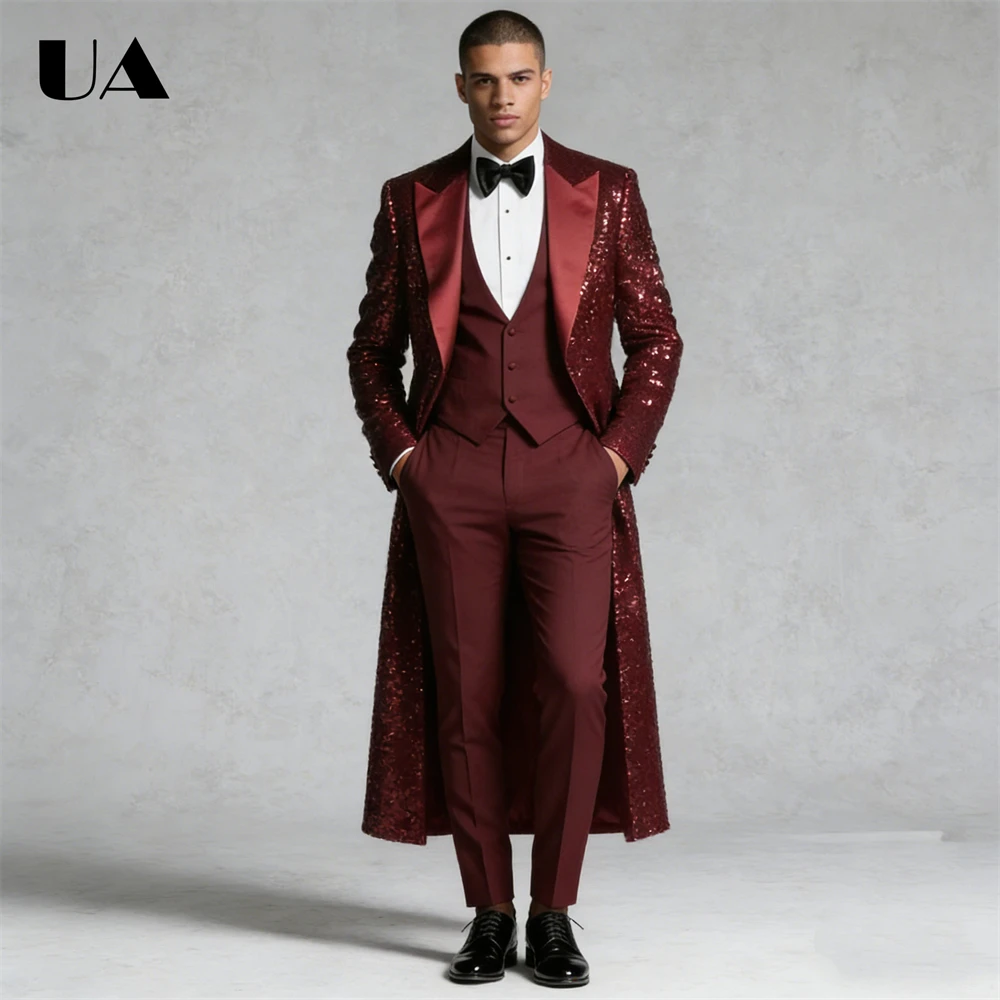 Burgundy Sequined Suit Set for Men, Shiny Long Suit Coat Vest Pants Costume Stage Performance Suit Attire, Prom Party Dresswear