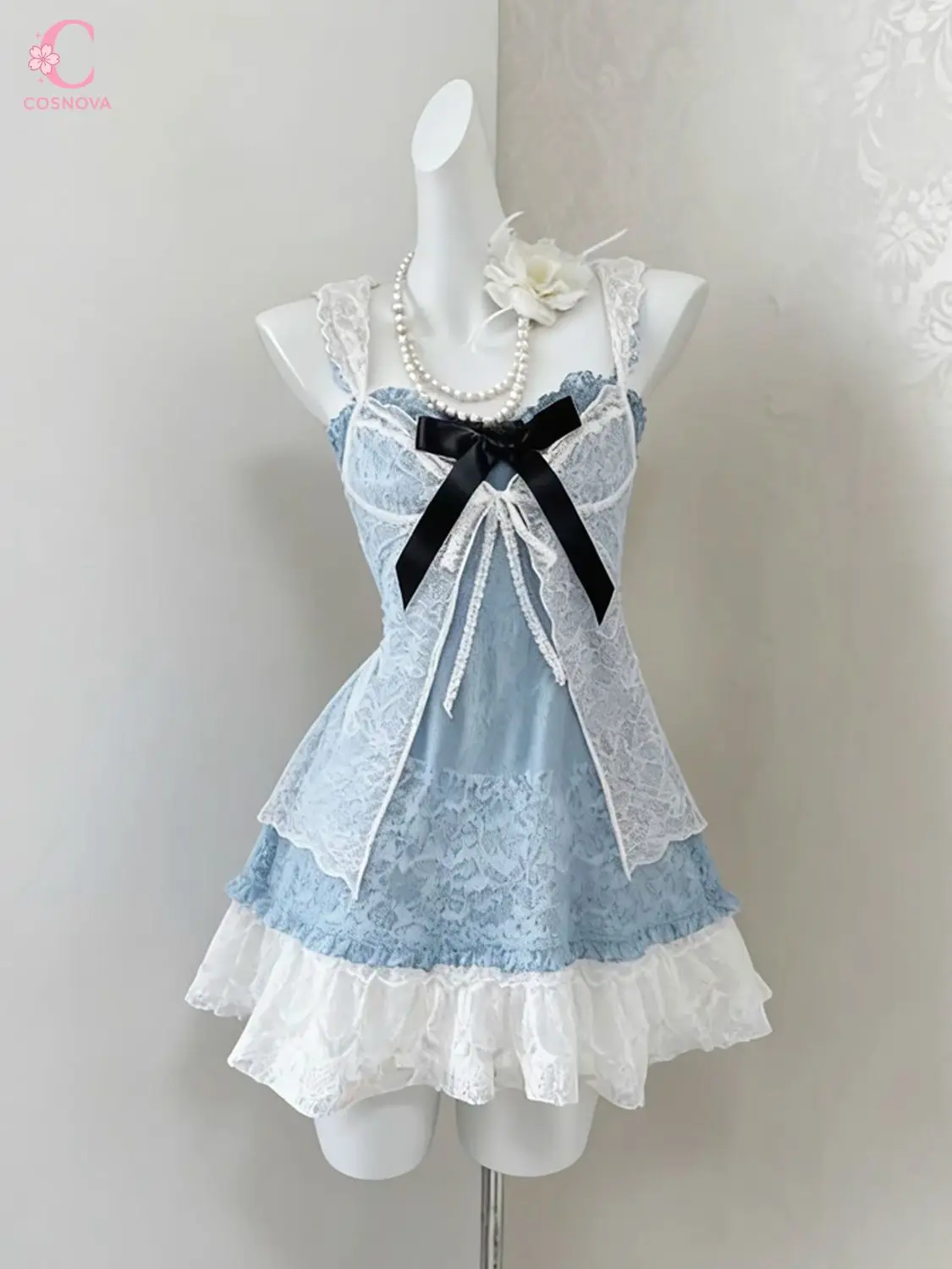 

Японское винтажное платье Y2K сине-белое кружевное на бретельках, женское многослойное мини-платье с оборками и бантом, в стиле кокетка, милая Лолита, летний наряд