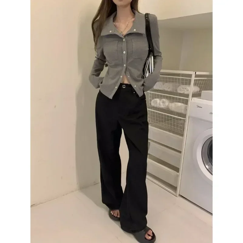 Chemises grises pour femmes, chemisiers Slim et élégants de Style coréen, esthétique Y2k, manches longues, haut Sexy pour dames, Harajuku, mode Chic de printemps