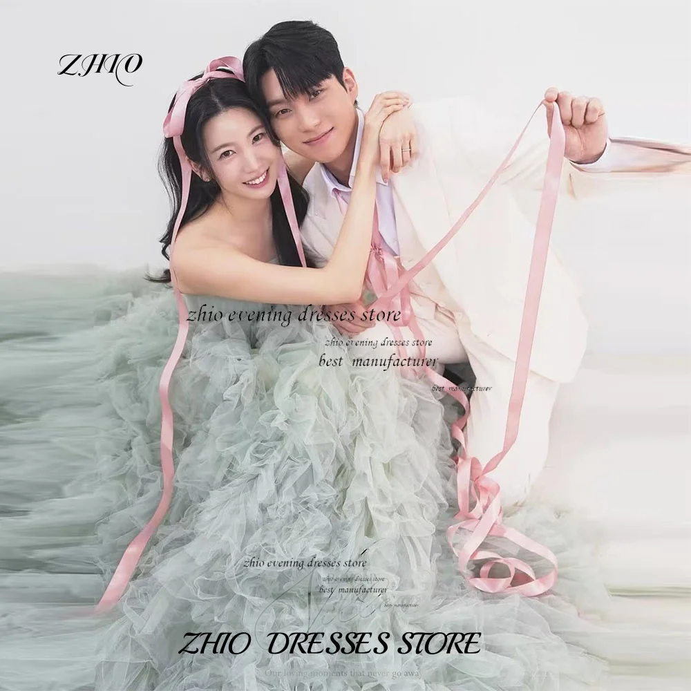 

ZHIO Light Green Ruffle Tulle Korean Wedding Dresses Sheath Strapless Sleeveless Customized Back Drag Length Fit Wedding Party