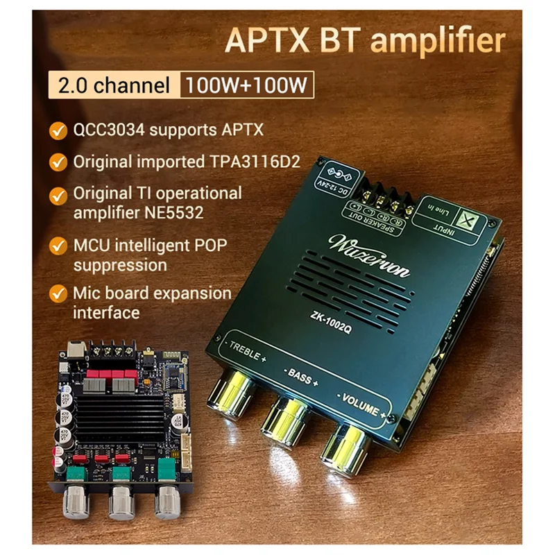 ABAC-ZK-1002Q QCC3034 + TPA3116 2X100 واط مضخم رقمي مجلس بلوتوث 2.0 قناة APTX ضياع الصوت أمبير وحدة