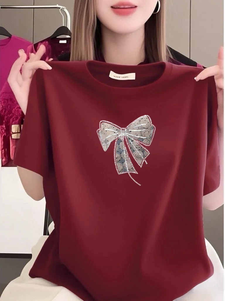 

Свободный повседневный топ с обычными рукавами, украшенный яркими пайетками, модная дышащая футболка из полиэфирного волокна для женщин среднего и пожилого возраста