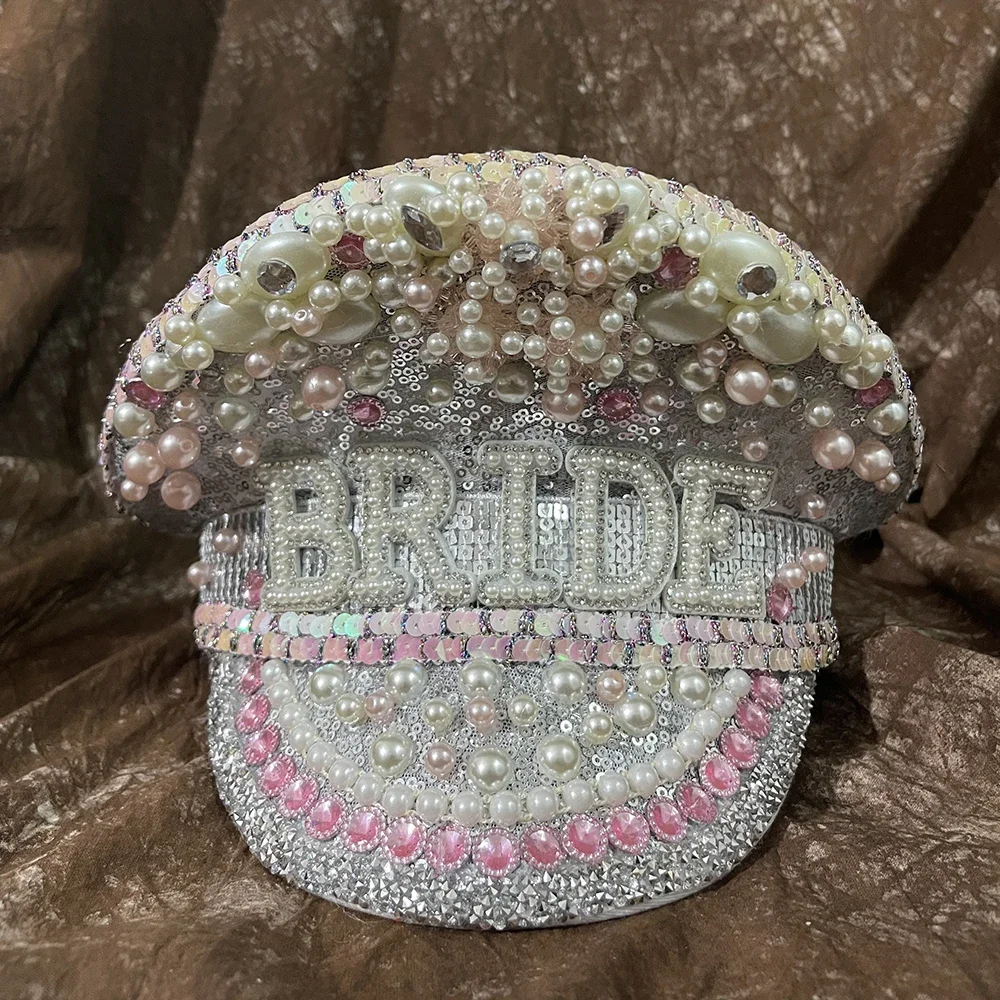 Handmade Women Wedding Bride Hat Rhinestone Military Hat Sergeant Hat Hen Do Hat Festival Bridal Captain Birthday Part Hat