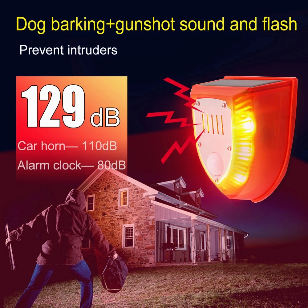 Solar Motion Sensor Alarm 129dB Siren 125° Detection 5-8m Range Weatherproof for Home Shed Garage Security Outdoor Protection