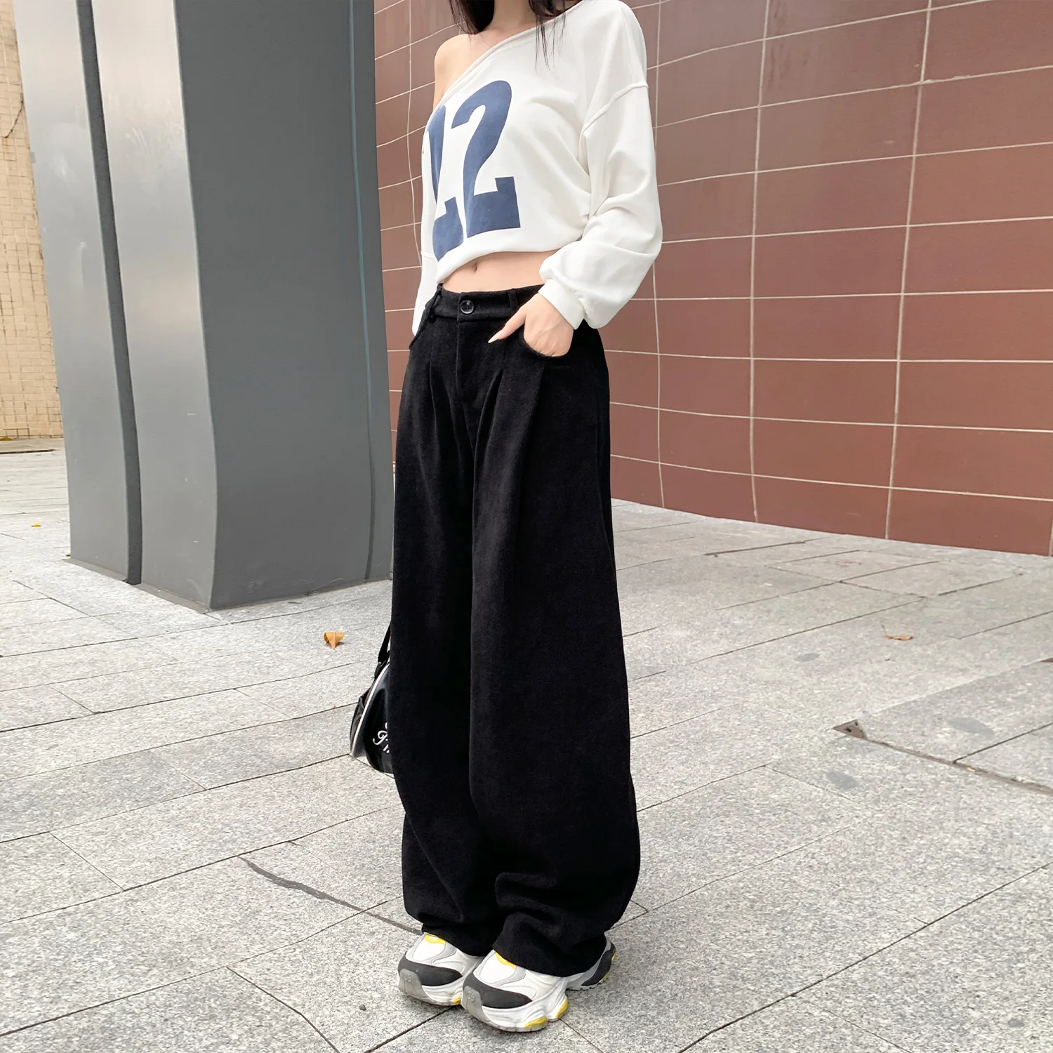 Shascullfites Autumn And Winter College Style Straight Pants Corduroy Wide-leg Pants Women's High Waist Drape Casual Pants