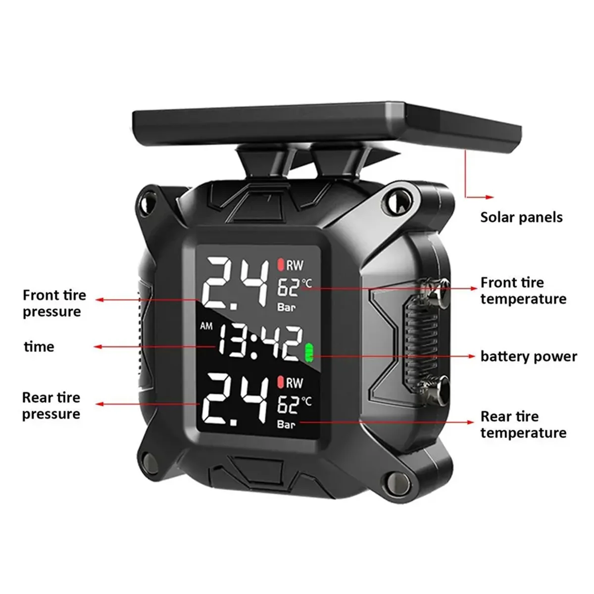 Motorcycle TPMS Solar Power Tire Pressure Monitor Real Time Tire Pressure Monitoring System Temperature Sensor