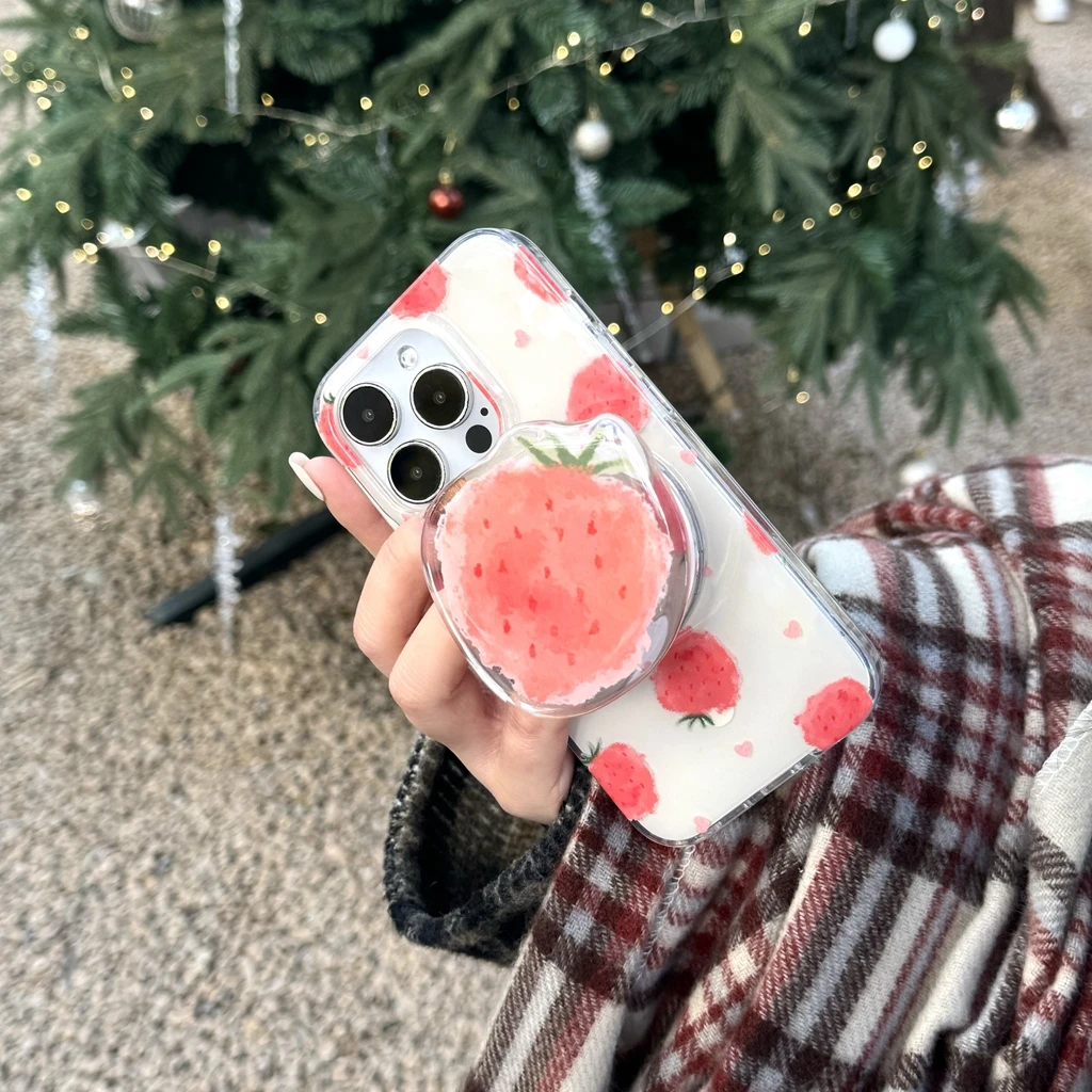 Cute Strawberry Fruit With Holder Magnetic Wireless Charging Phone Cover Case For iPhone 15 14 13 12 Pro Max