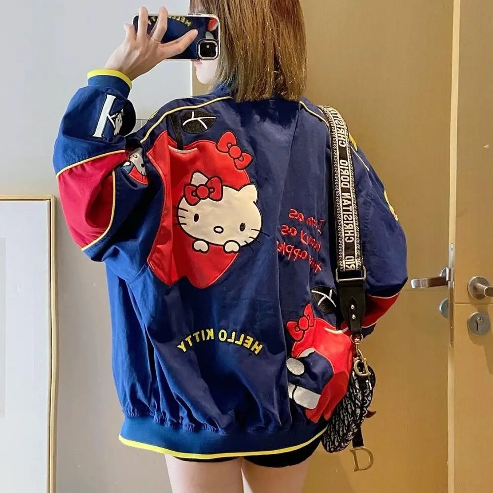

Anime Hello Kitty Women Baseball Uniform Coat Sanrio Kawaii Autumn Cute Embroidery Coat Tops Girl Loose Leisure Locomotive Suit