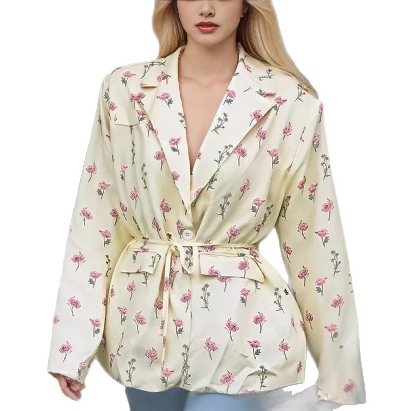 Tie Belt No Hood Coat Regular Length Fresh and Sweet with Single Button Closure Patchwork Medium Weight Long Sleeve Women Coat