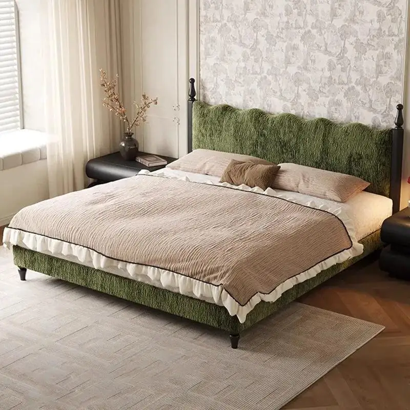 French retro fabric bed solid wood master and second bedroom double  medium ancient style flush edge ripple bed