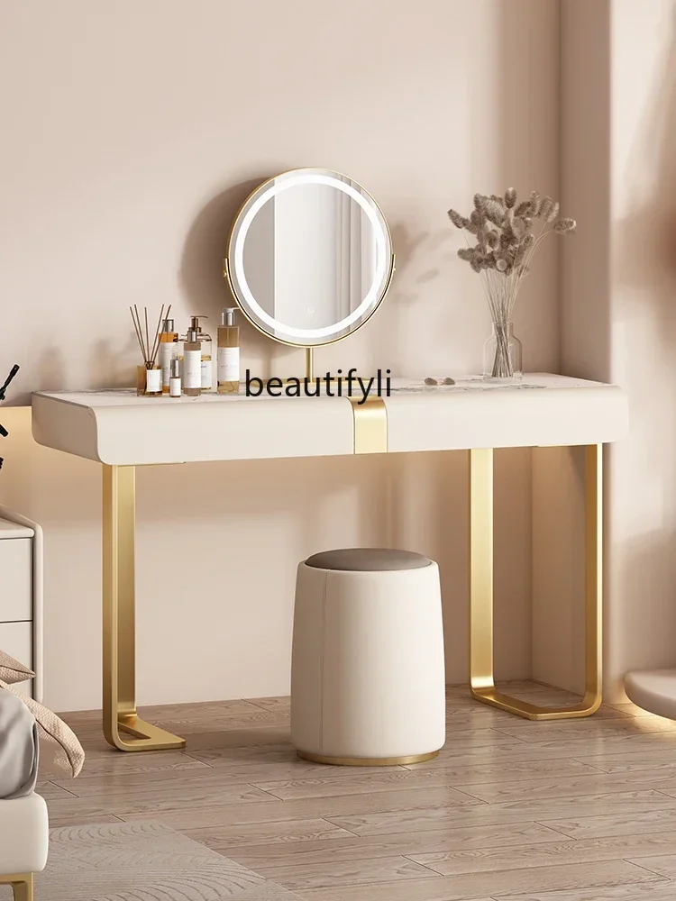 Modern light luxury dresser is simple, wabi sandy wind stainless steel rock slab bedroom leather art makeup table is high-end