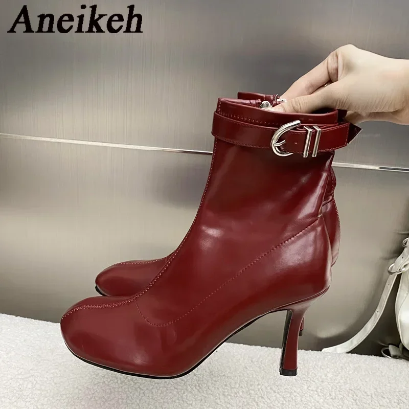 

Aneikeh NEW Autumn PU Boots Solid Women Shoes Sewing Mid-Calf Square Toe Leisure Women Thin Heels Boots Slip-On Metal Decoration